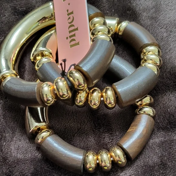 Piper K Set Of 3 Gold and Brown Statement Bracelet with Spherical Embellishments - Picture 7 of 13